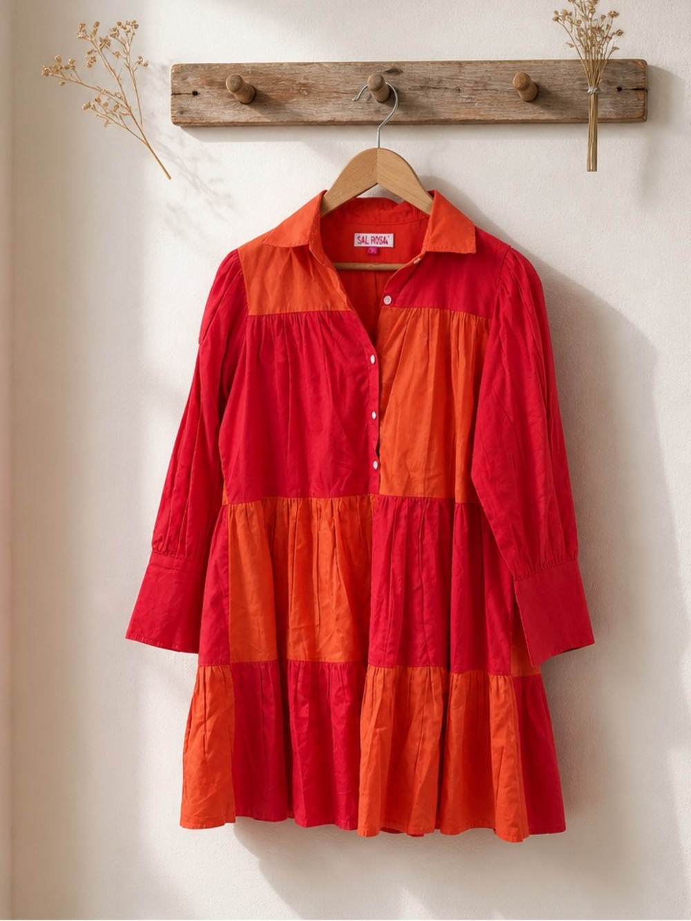 Sal Rosa Medium Red Orange Colorblock Tiered Cotton Shirt Dress